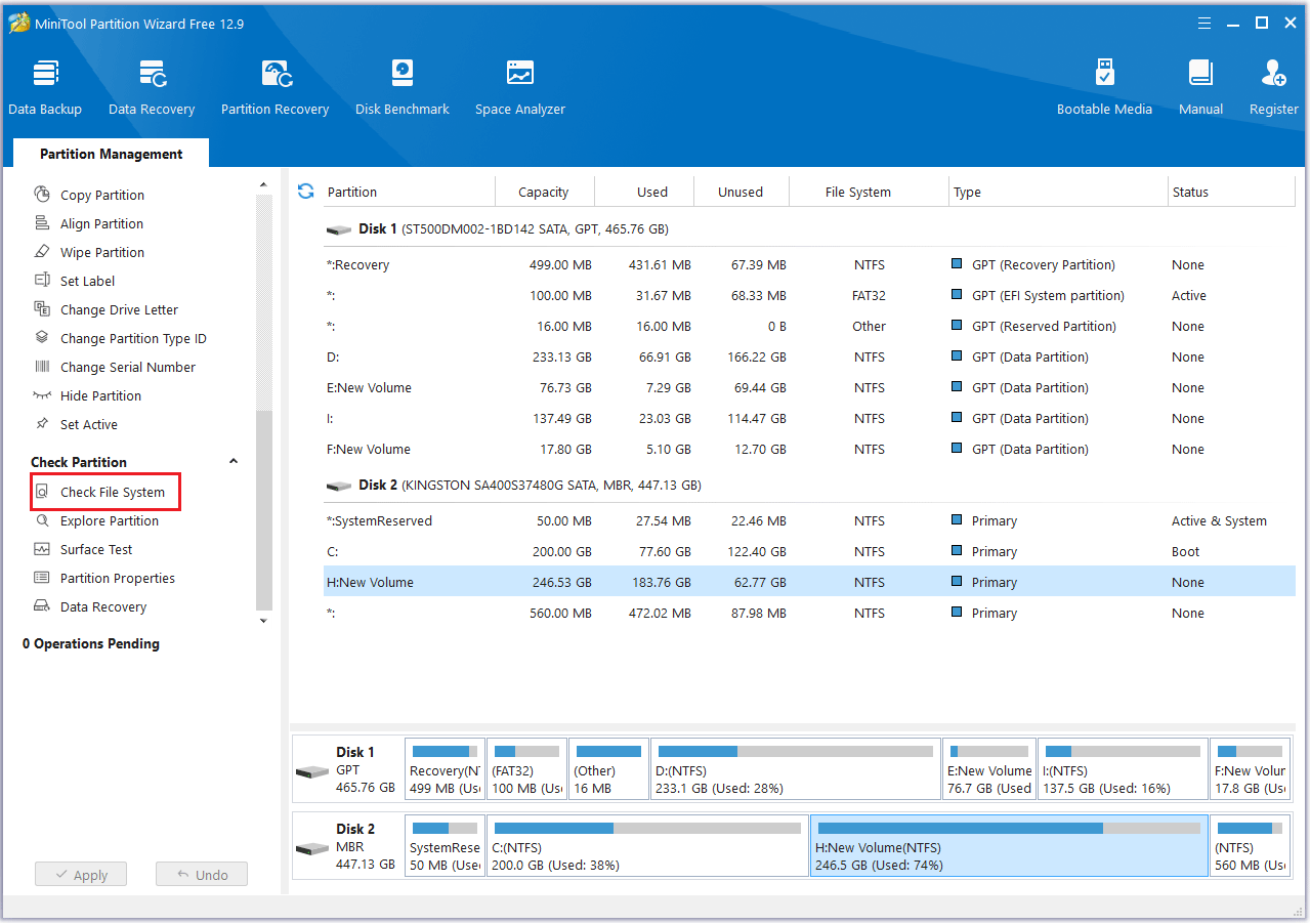 click Check File System in MiniTool Partition Wizard