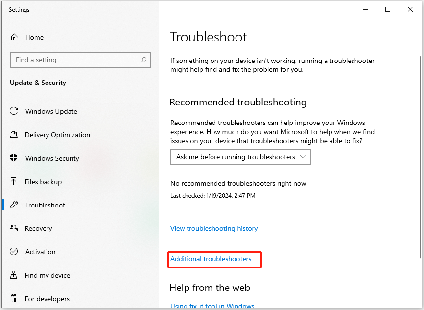 click Additional troubleshooters in the Troubleshoot settings window