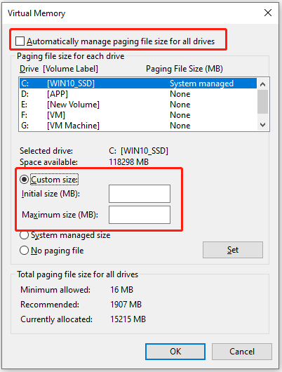 change the Initial size and Maximum size