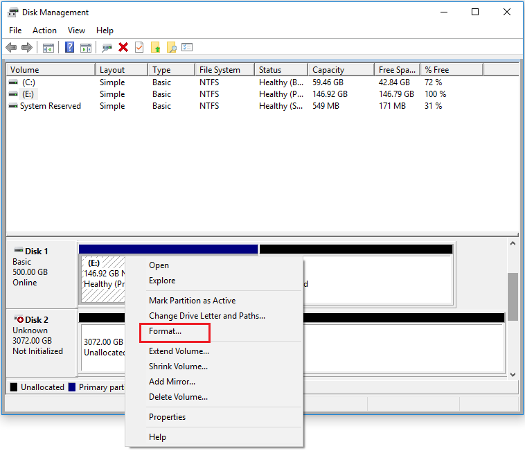 click Format in Disk Management