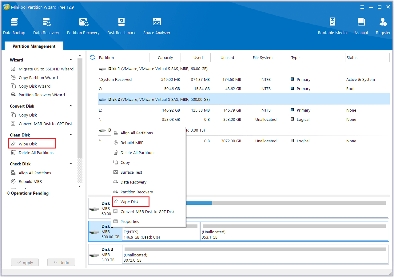 click the Wipe Disk feature in MiniTool Partition Wizard