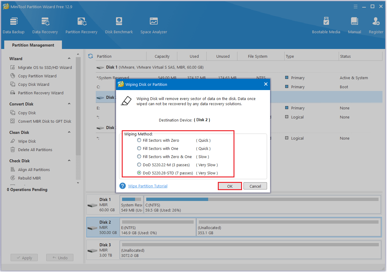 click OK button to continue the wipe progress in MiniTool Partition Wizard