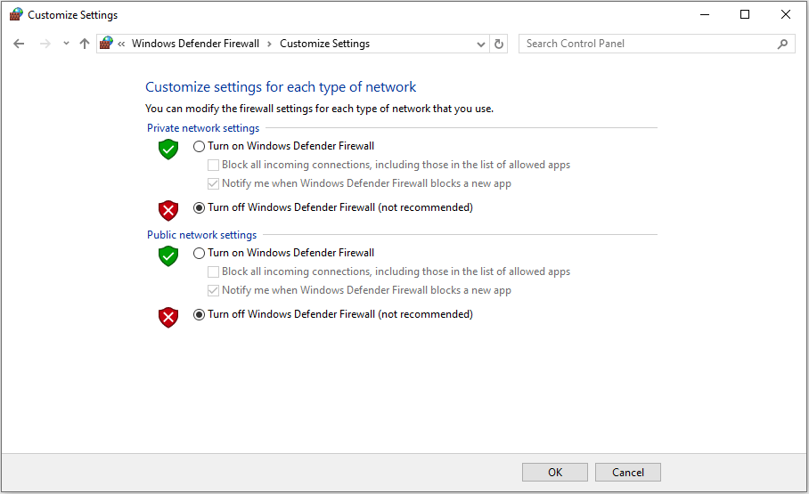 turn off Windows Defender Firewall