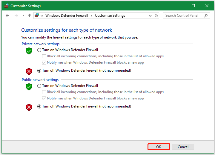 disable Windows Defender Firewall