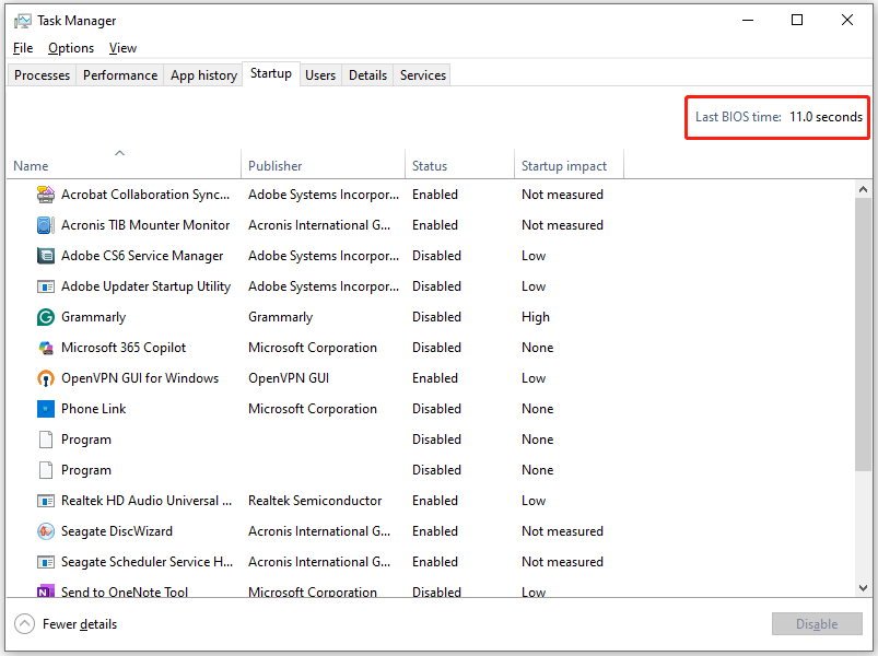 view Last BIOS time in Task Manager