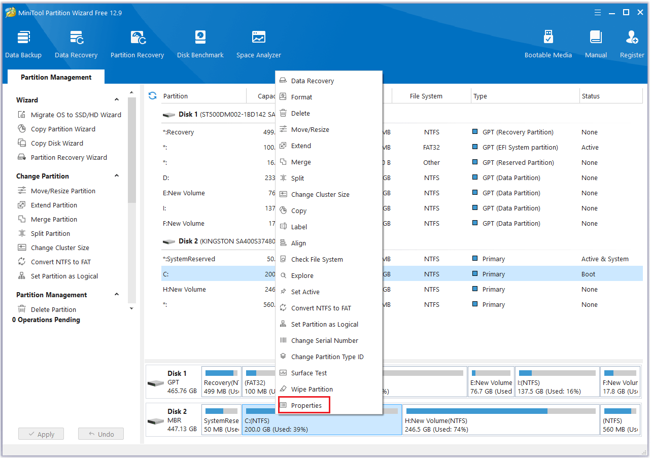 click Properties in MiniTool Partition Wizard