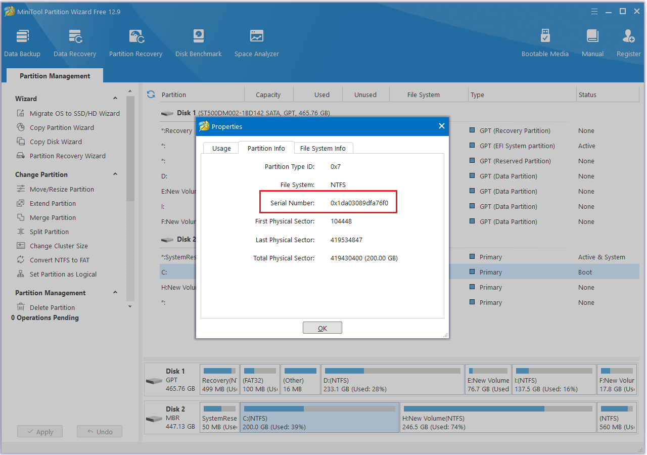 check serial number in MiniTool Partition Wizard