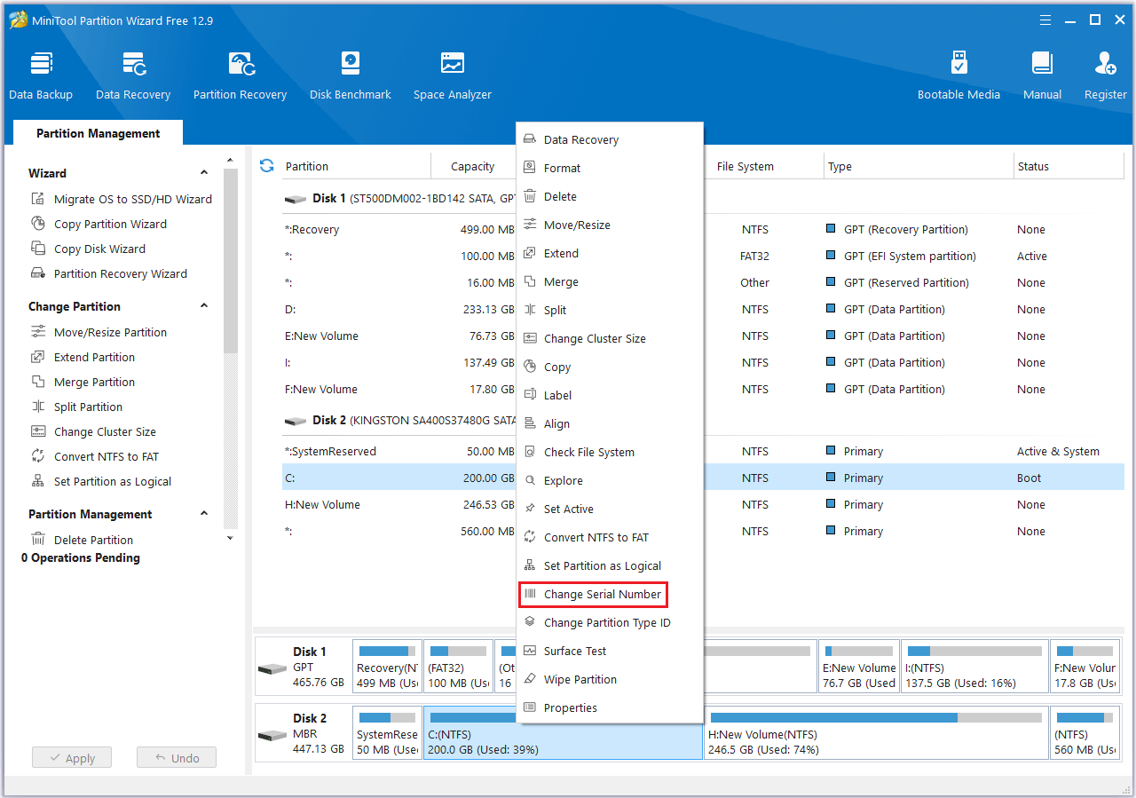 click Change Serial Number in MiniTool Partition Wizard