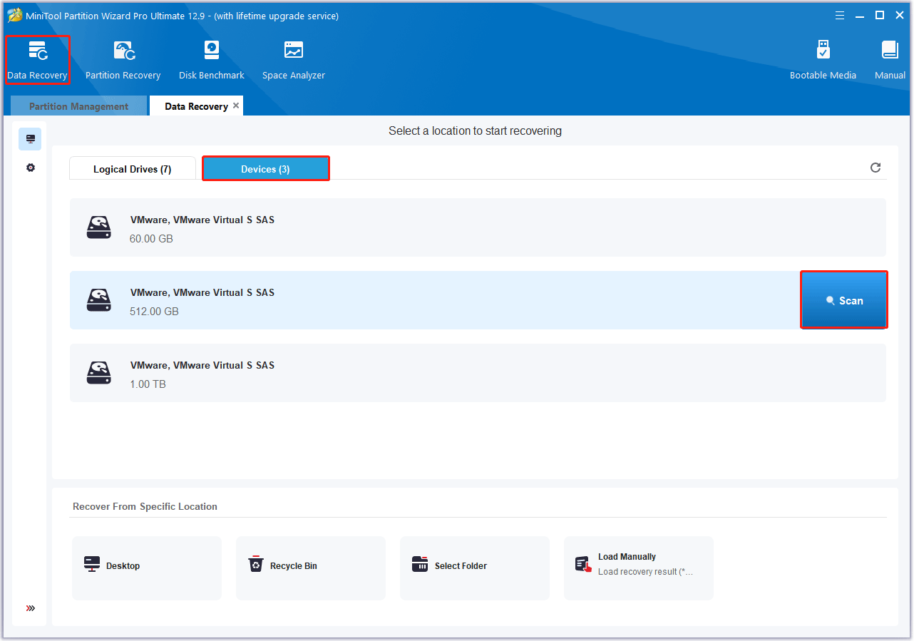 select the target SSD to scan in MiniTool Partition Wizard