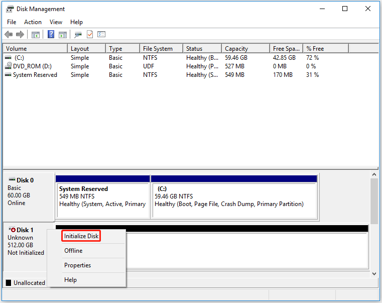 click Initialize Disk in Disk Management