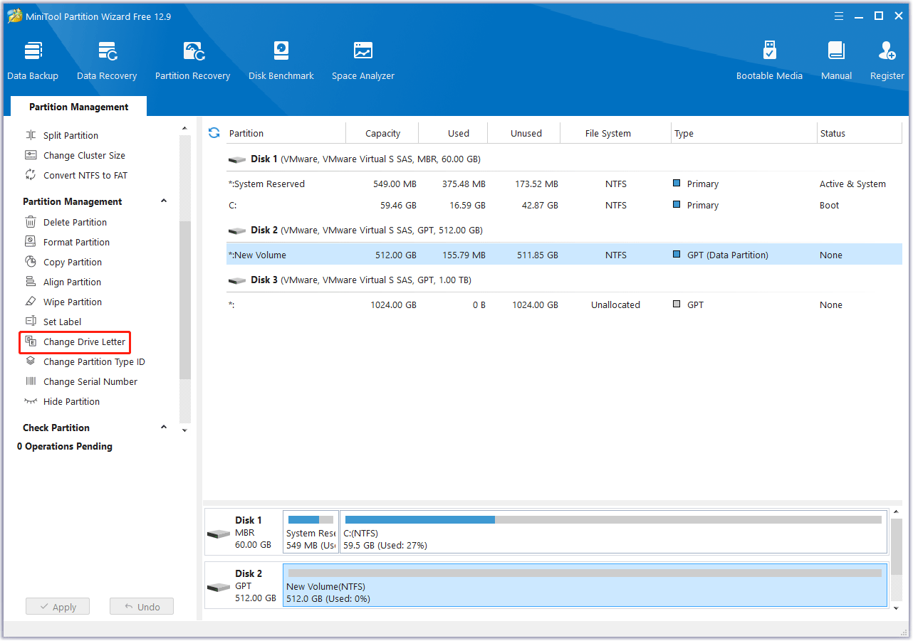 select Change Drive Letter in MiniTool Partition Wizard