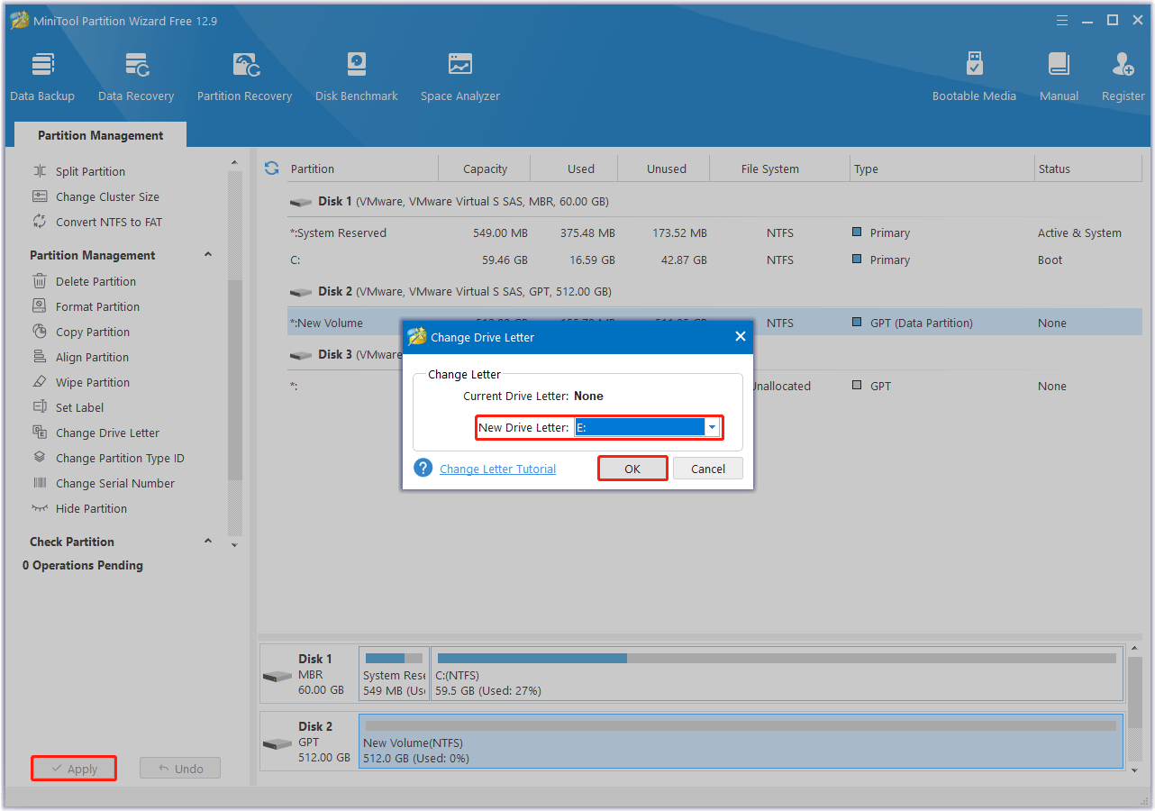 change the drive letter with MiniTool Partition Wizard