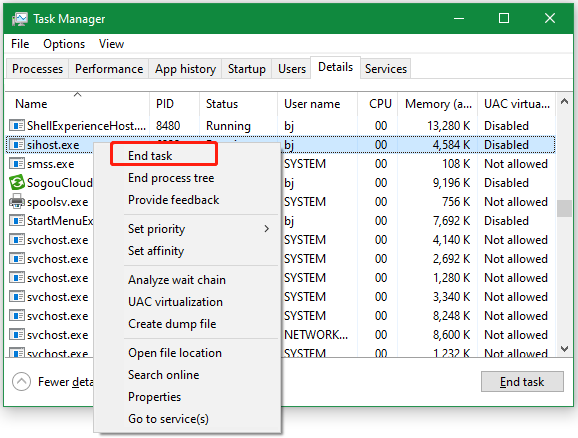 end sihost.exe task