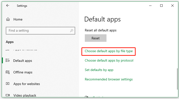 click Choose default apps by file type