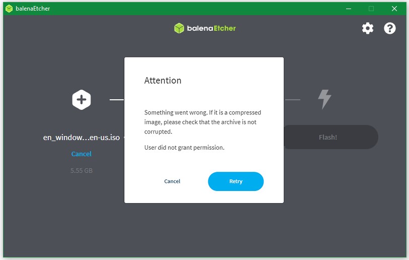 Etcher attention something went wrong error