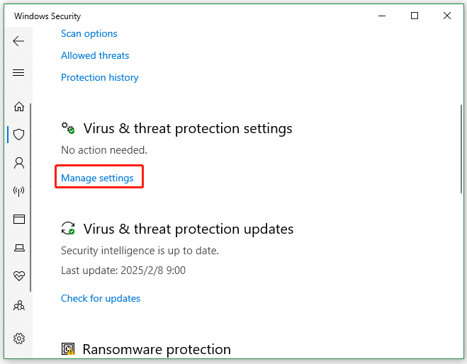 click Manage settings in Windows Security