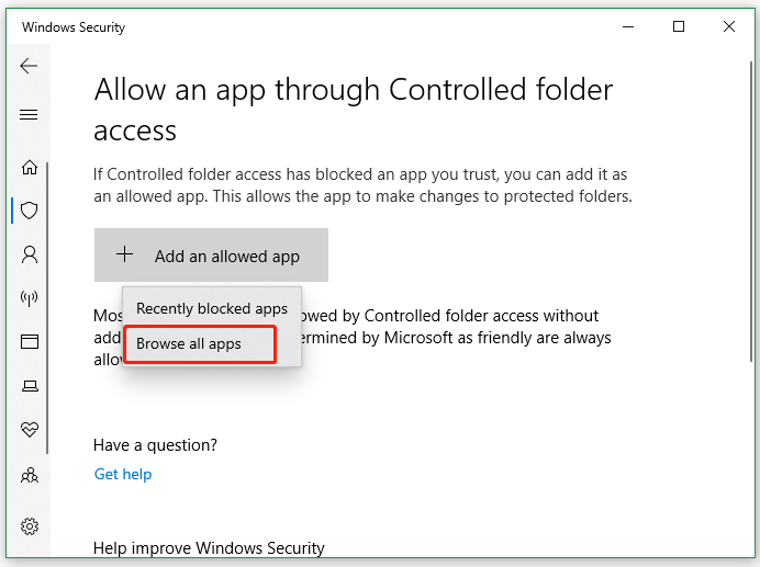 add an app through Controlled folder access