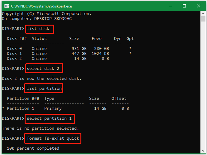 format USB to exFAT using DiskPart