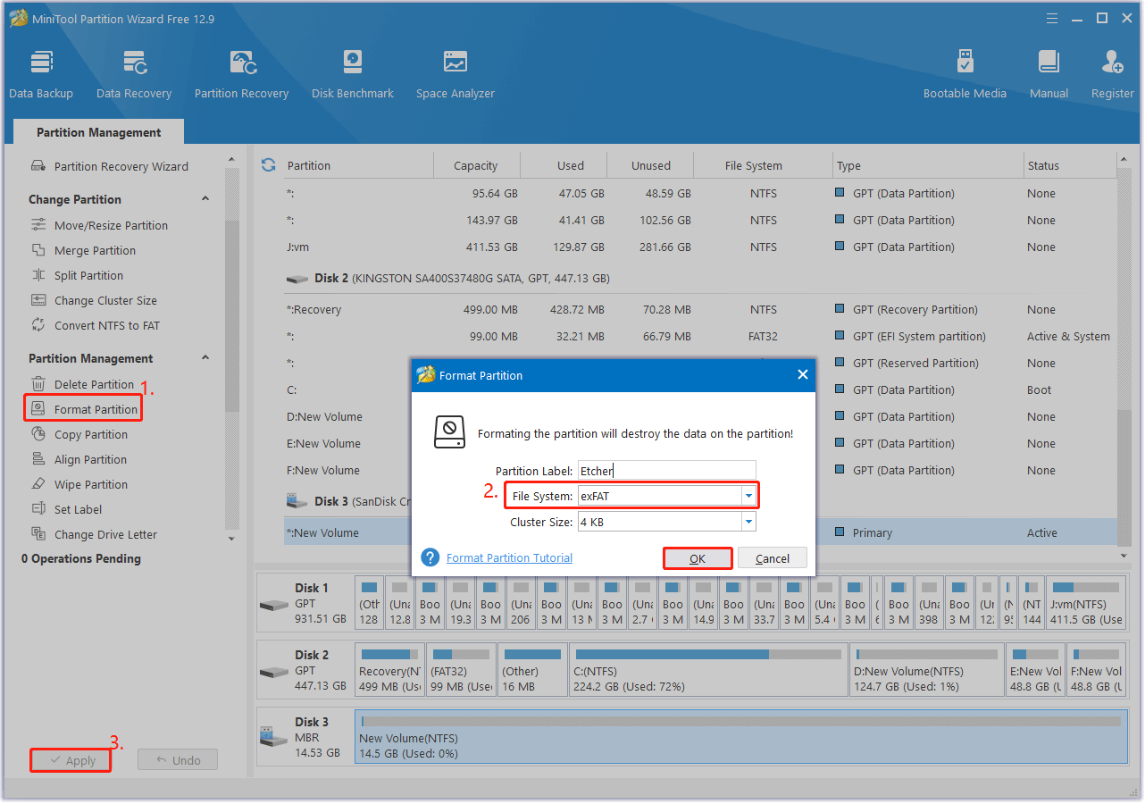 format a USB to exFAT using MiniTool Partition Wizard