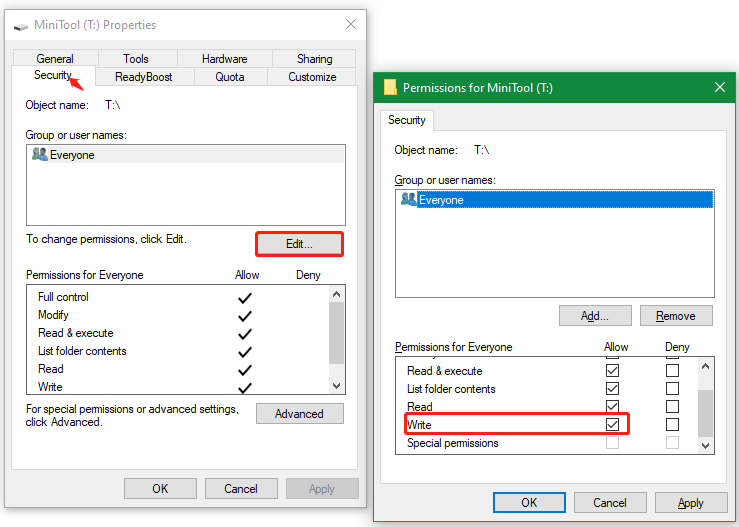 select Write box in Security