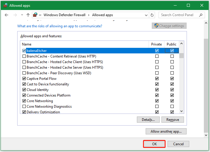 allow Etcher through Windows Firewall