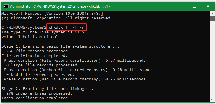 check disk for errors using CHKDSK