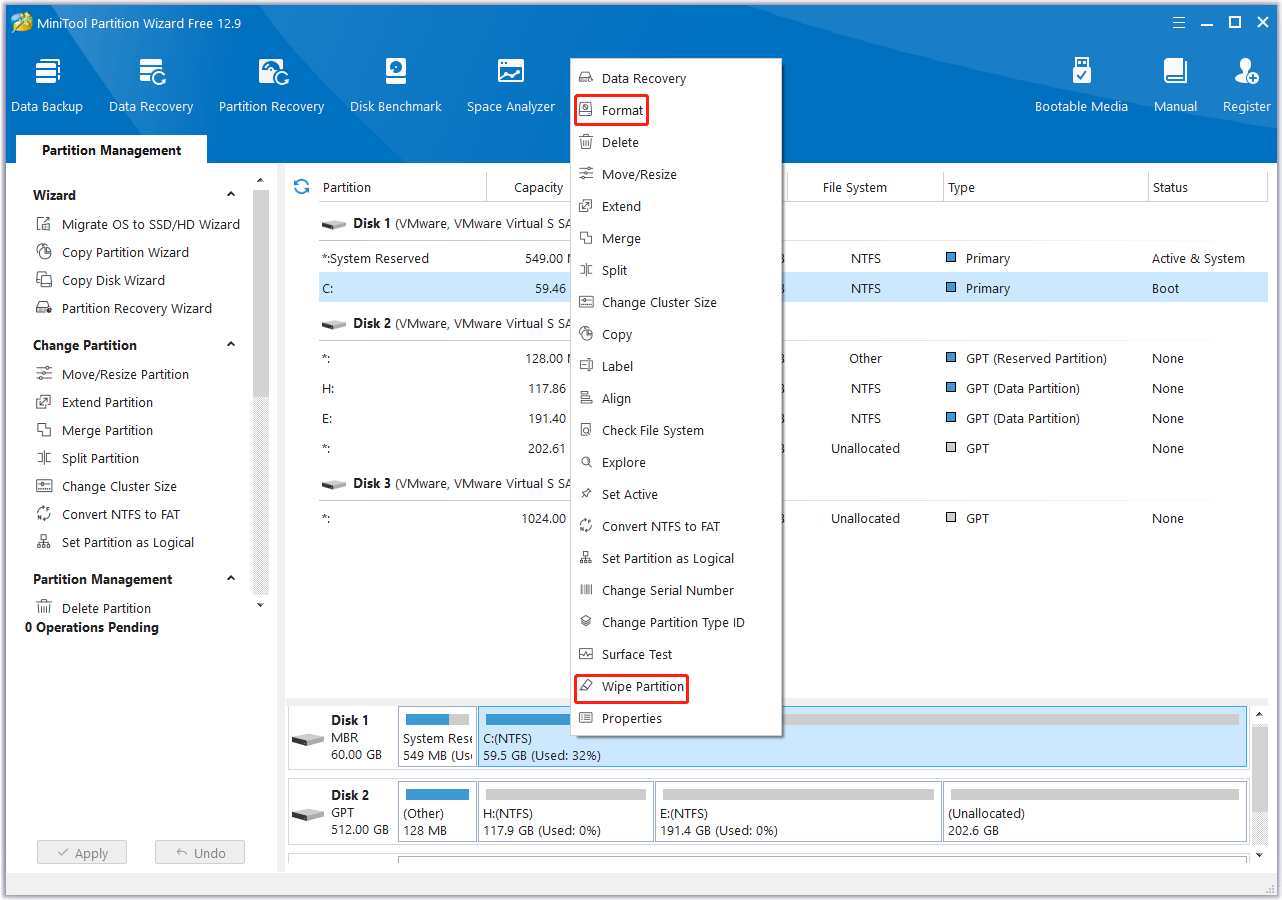 format or wipe a drive with MiniTool Partition Wizard