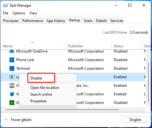 disable startup progress in Task Manager