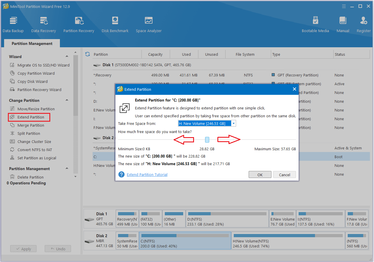 how to extend partition in MiniTool Partition Wizard