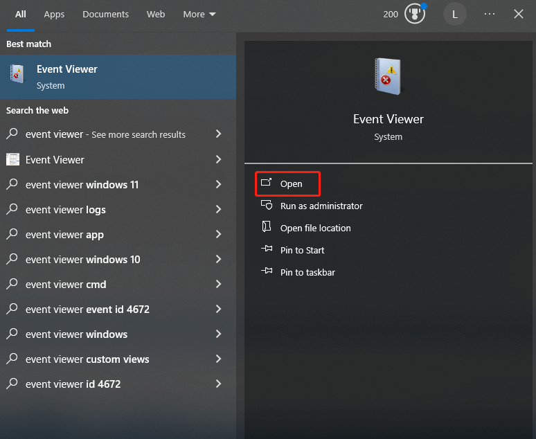open Event Viewer from the search box