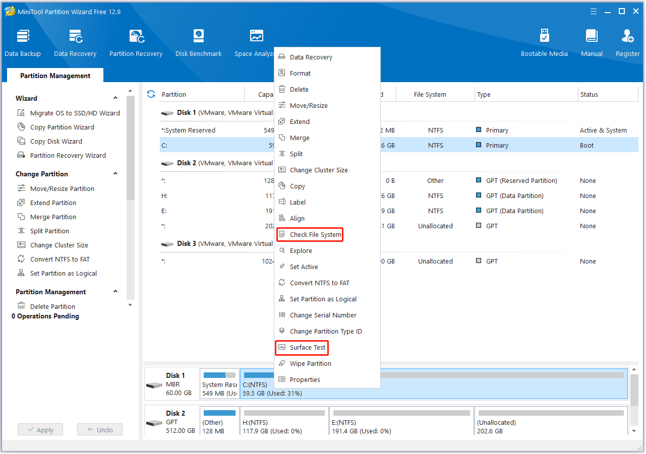 check disk errors with MiniTool Partition Wizard