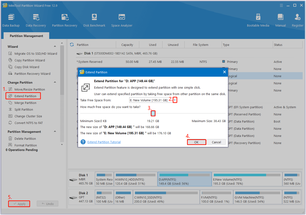 use the Extend Partition feature in MiniTool Partition Wizard