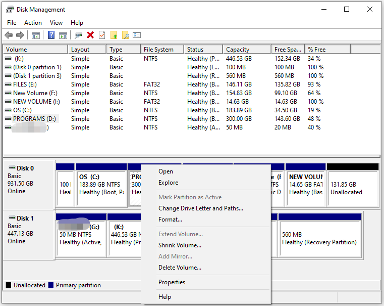 main interface of Disk Management