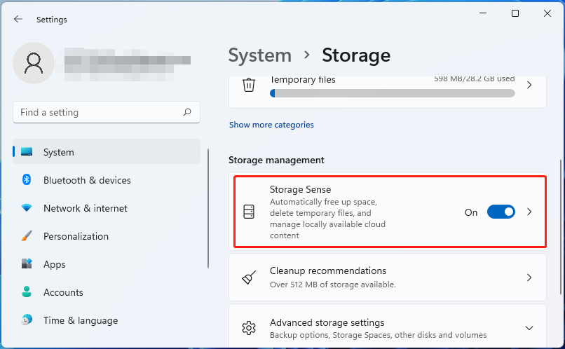 click Storage Sense on Win11