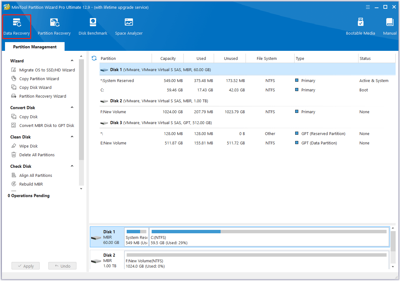 click Data Recovery in MiniTool Partition Wizard