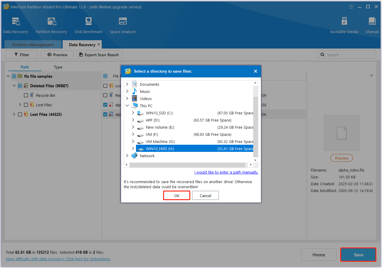 save the recovered FLA files to a safe location