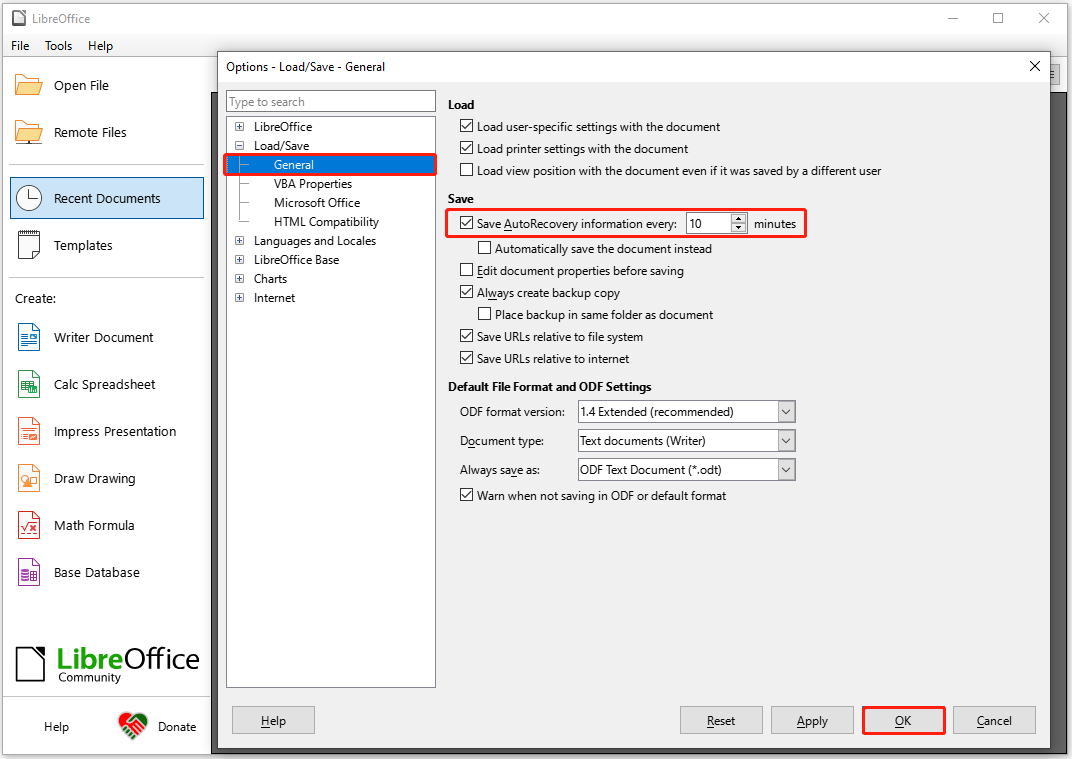 enable AutoRecovery in LibreOffice