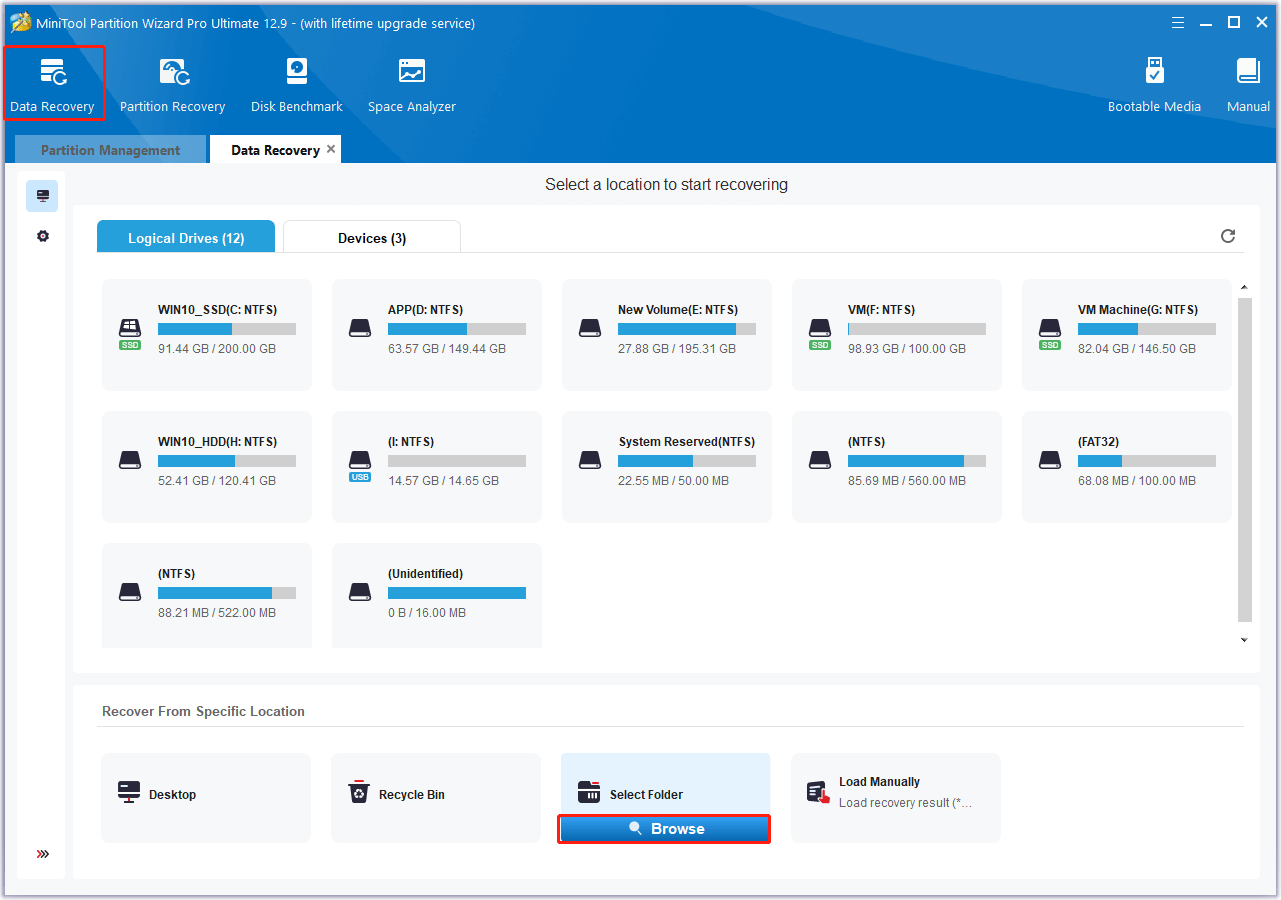 Select the folder to scan in MiniTool Partition Wizard