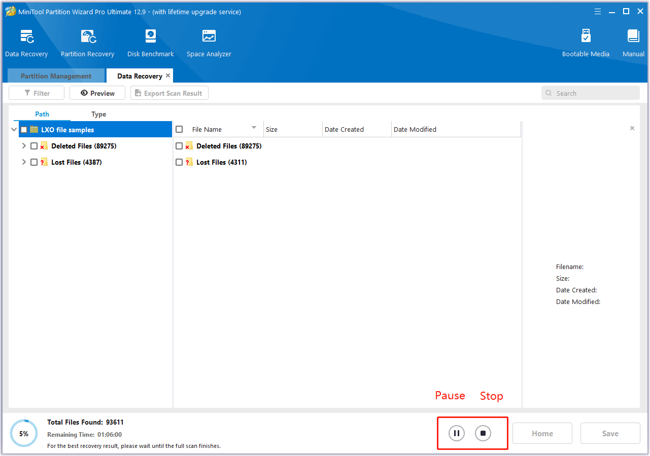 find files during MiniTool Partition Wizard scanning process