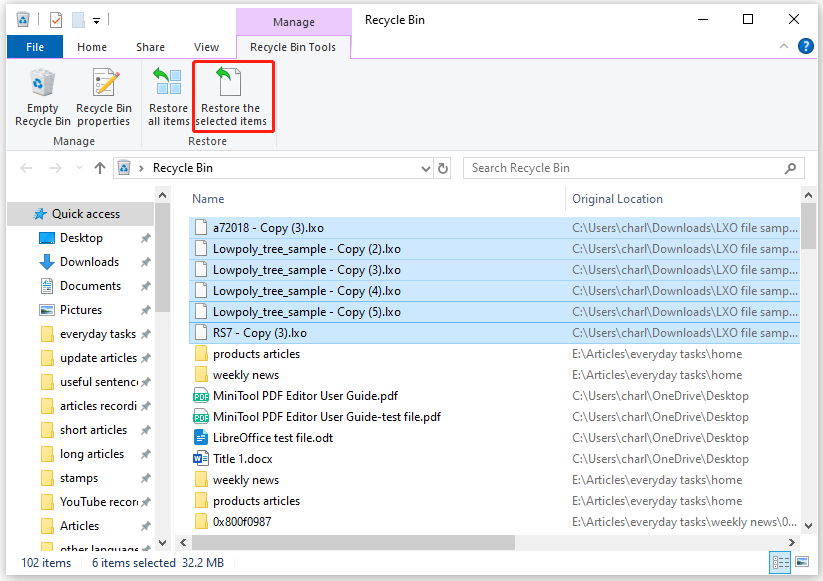 use Recycle Bin to recover deleted LXO files