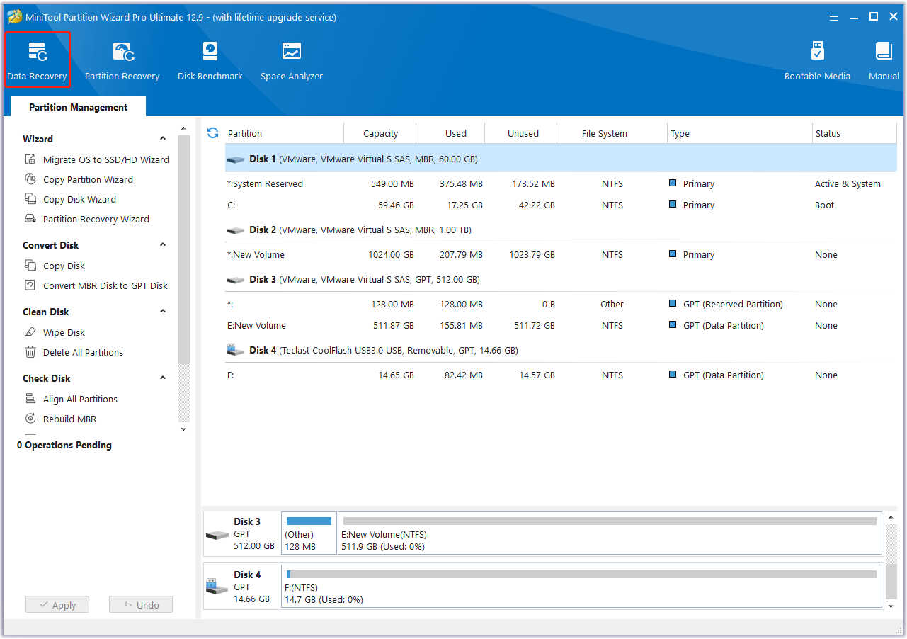 select Data Recovery in MiniTool Partition Wizard