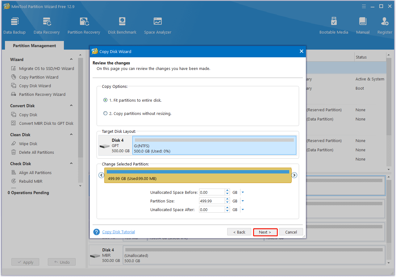 set Copy Options and adjust Target Disk Layout