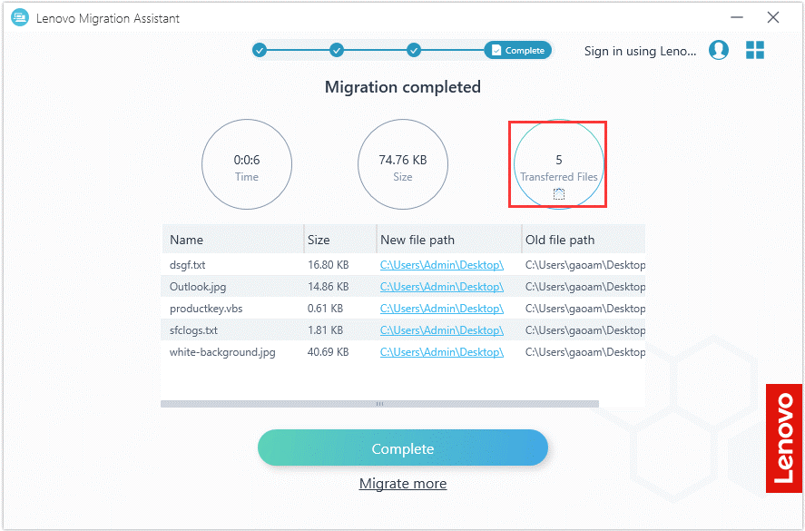 use Lenovo Migration Assistant to transfer files