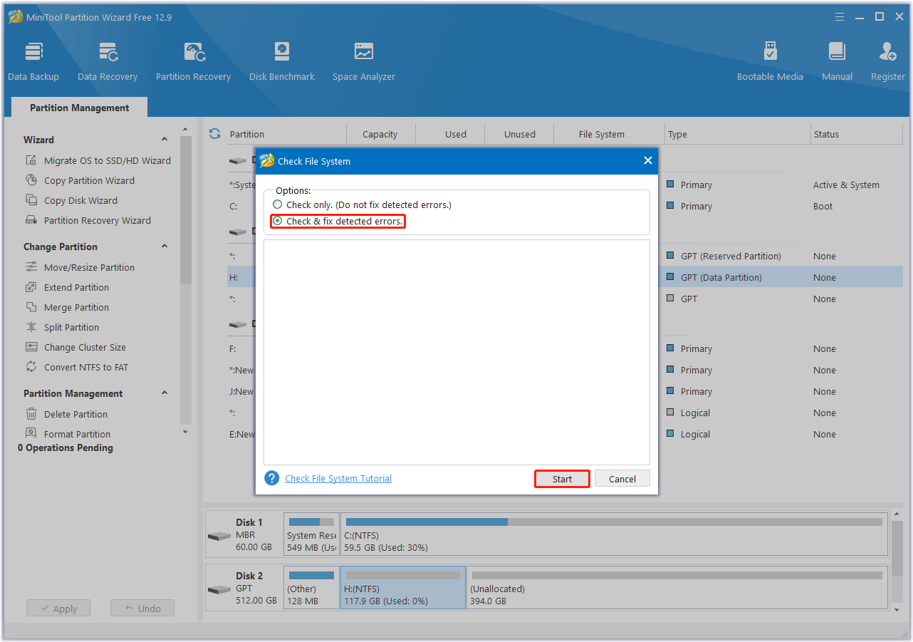 check and fix detected errors with MiniTool Partition Wizard