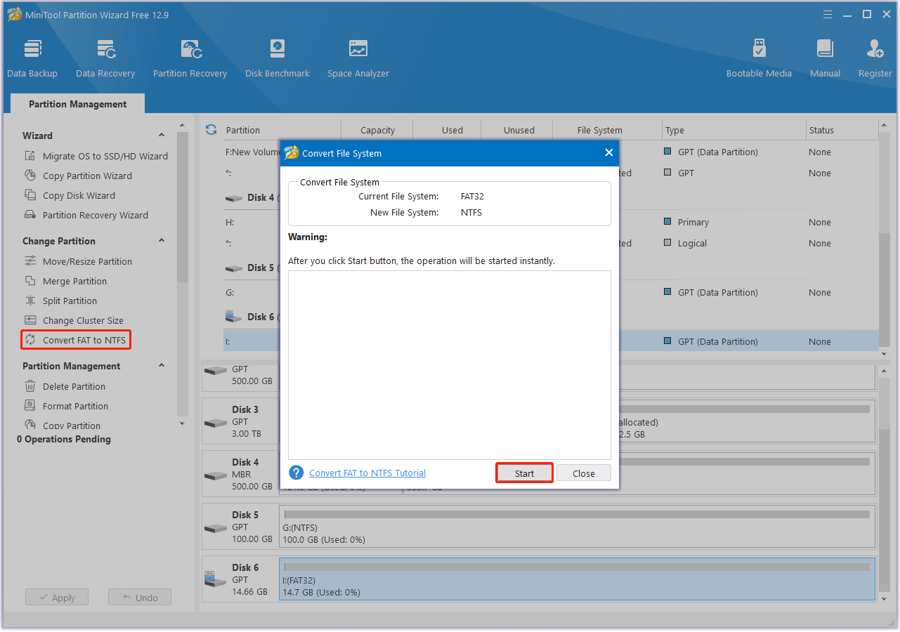 select Convert FAT to NTFS in MiniTool Partition Wizard