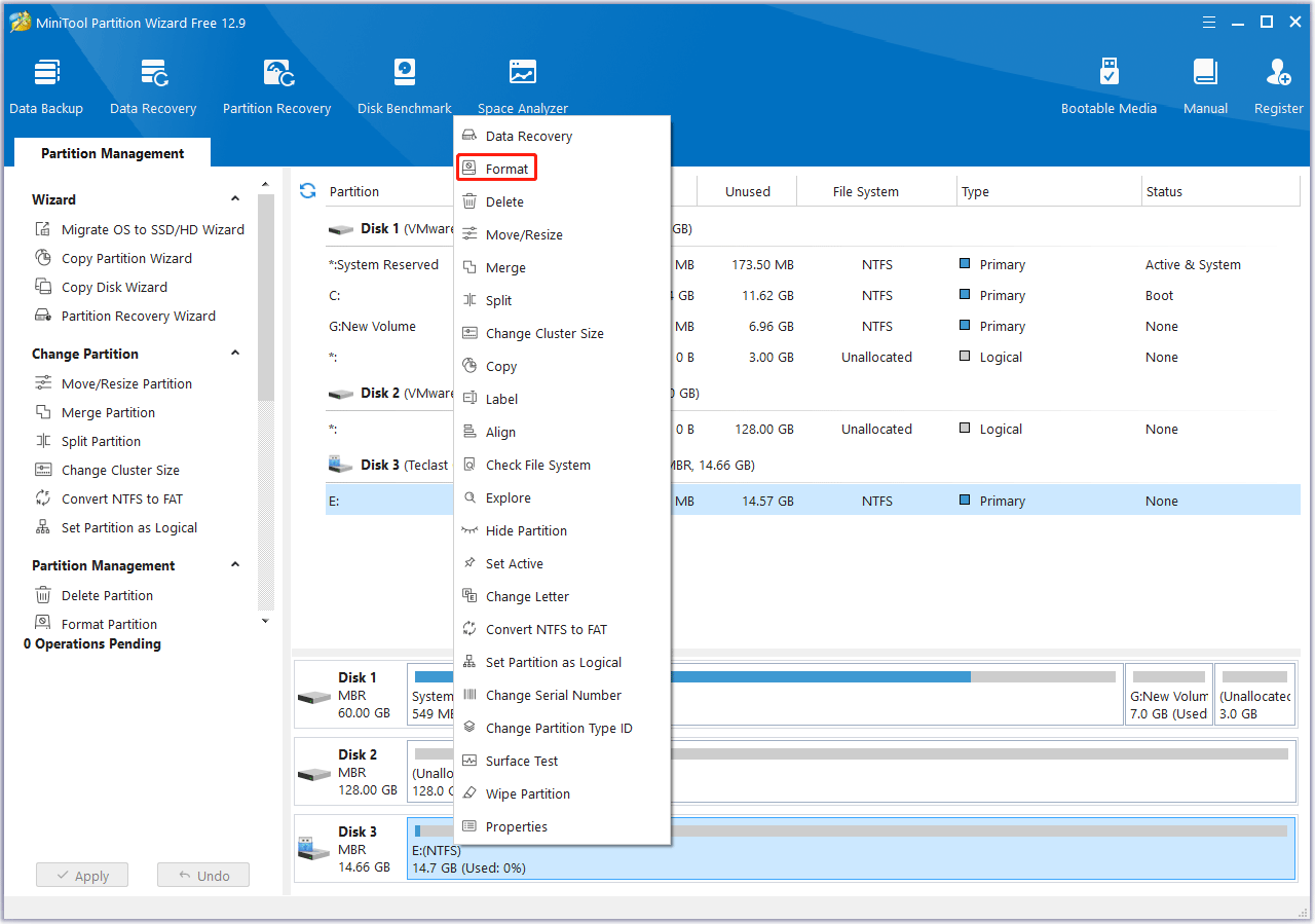 choose the Format feature MiniTool Partition Wizard