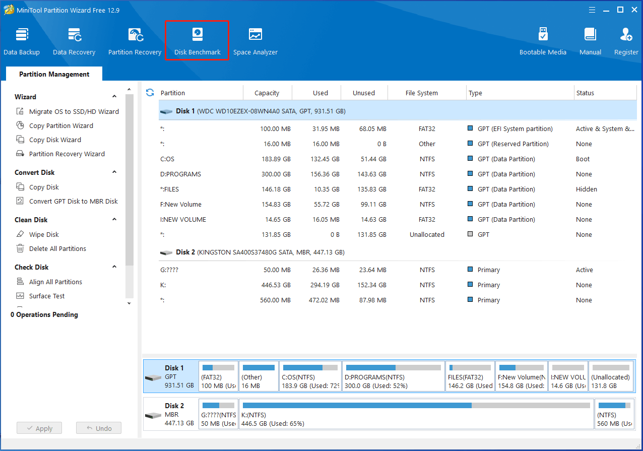 click Disk Benchmark at the tool bar of Partition Magic