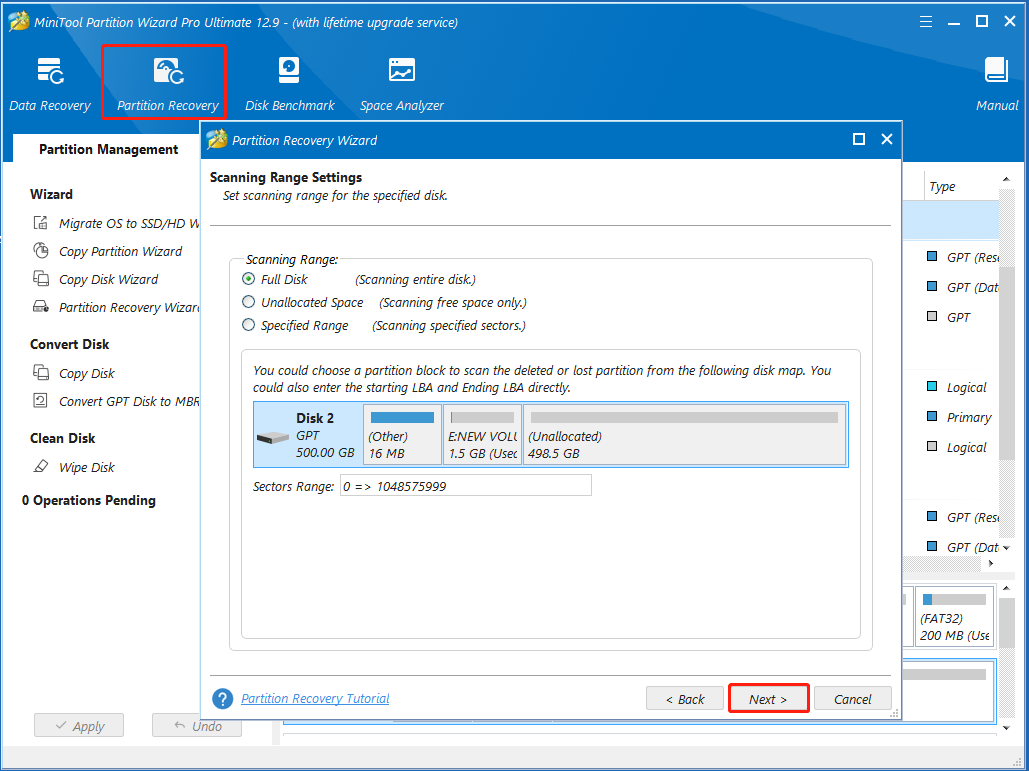 select Scanning Range on Partition Magic