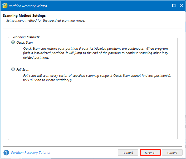 select Scanning Methods on Partition Magic