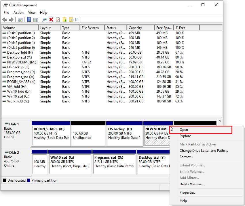 open a volume in Disk Management to view its content